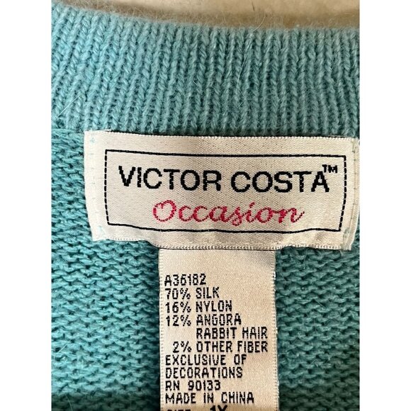 Vintage Silk Floral Sequin Cardigan 1X Blue Rabbit Hair Knit Embellished Chic - Picture 2 of 14